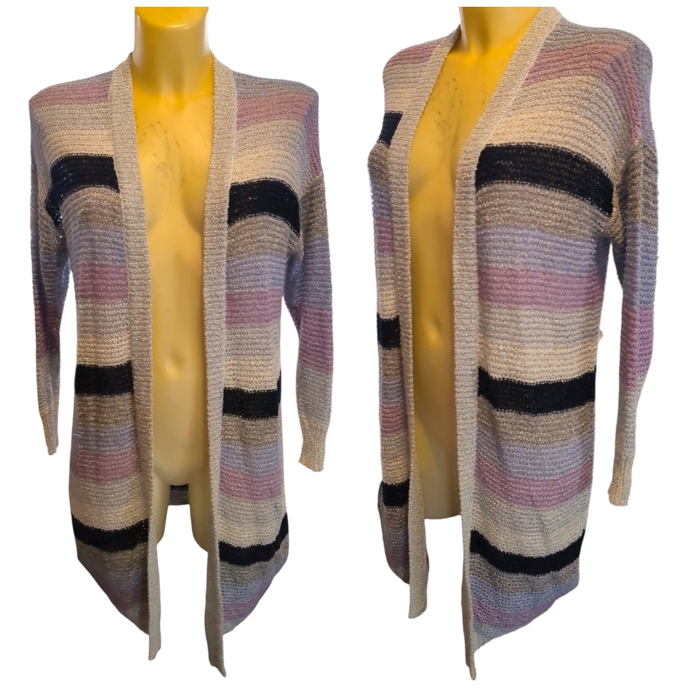 KNOX ROSE Purple Grey Black Striped Crochet Knit Open Front Cardigan